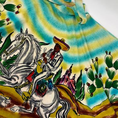 1950's Full Circle Skirt - Hand Painted - MEXICAN - Souvenir Skirt - Border Print - 27 Inch Waist - 232 Inch Sweep 