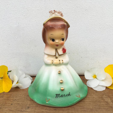 Kitsch March Belle Of Month Figurine Bell, March Girl Bell, Vintage Birthday Bell, St. Patricks Day 