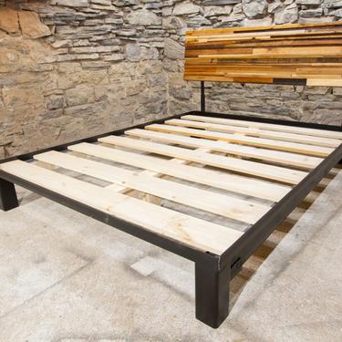 The Mosaic - Platform Bed with Adjustable Headboard from Reclaimed Wood and Industrial Metal 