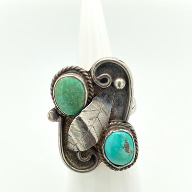 Vintage Artisan Leaf Design Sterling Silver 2 Stone Turquoise Ring Sz 6.5 