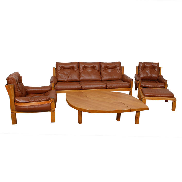 Rare Pierre Chapo Solid Elm & Leather Living Room Set