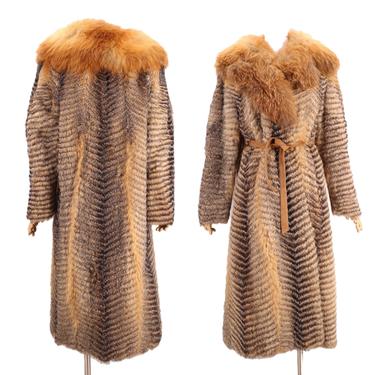 70s Tanuki fox fur vintage coat S / vintage 1970s brown black chevron midi length raccoon real fur coat small medium 