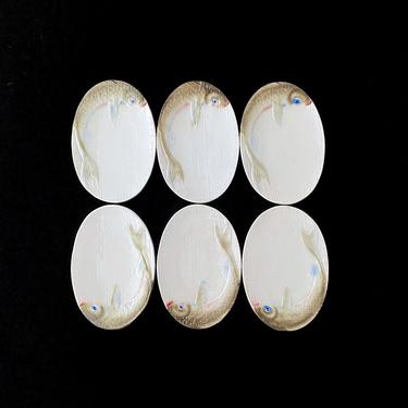Vintage Mid Century 1950s / 60s Italian FINE Set of 6 Ceramic Hand Painted Oval Fish 10.25&amp;quot; Plates Italy Numbered 2210 