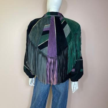 Vtg 80s avant garde multi color fringe southwestern suede jacket mixed media ML 