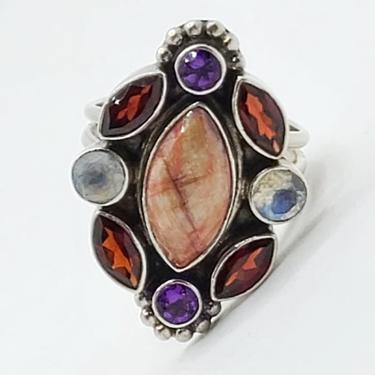 Sterling Silver 925 Multi Gem Stone, Multi Color Nicky Butler Cocktail Ring. Signed. Size 10. 