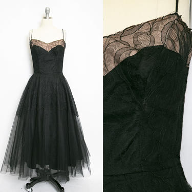 1950s Dress Black Lace Sweetheart Full Skirt Small 