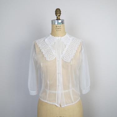 1950s sheer nylon blouse, puff sleeves, lace collar, size medium, 38