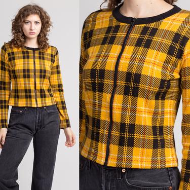 80s Adrienne Vittadini Cropped Plaid Jacket - Small | Vintage Yellow Black Lightweight Zip Front Crop Top 