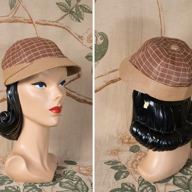1930s Hat - Sporty Woven Straw 30s Cap in Brown and Natural Golden Plaid with Face Framing Jaunty Brim 