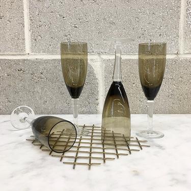 Vintage Champagne Flutes Retro 1970s Mid Century Modern + Smokey Amber Glass + Stemmed + Set of 4 + Glasses + Drinkware + MCM + Bar Decor 