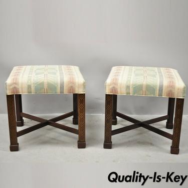 Ethan Allen Chinese Chippendale Style Mahogany Fretwork Square Stools - a Pair