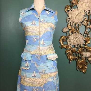 1970s shift dress, novelty print dress, vintage dress and shorts, size medium, harburt 2 piece set, zip front dress, polyester dress, beach 