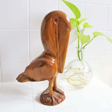 Vintage Carved Wood Pelican Statue - Hand Carved Sea Bird Figurine - Nautical Beach House Decor - Shabby Chic Tabletop Decor 
