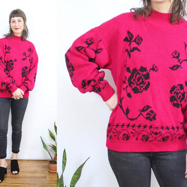 Vintage 80's Hot Pink Rose Mockneck Sweater / 1980's Roses Acrylic Knit Sweater / Women's Size Small Medium 