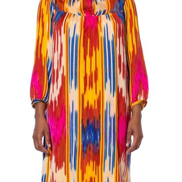 1970S Multicolor Hand Woven Silk Satin Ikat Tunic Dress 