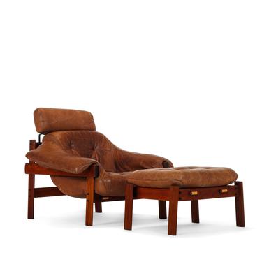 Lounge Chair & Ottoman Set in Distressed Leather and Patina'd Rosewood by Percival Lafer 