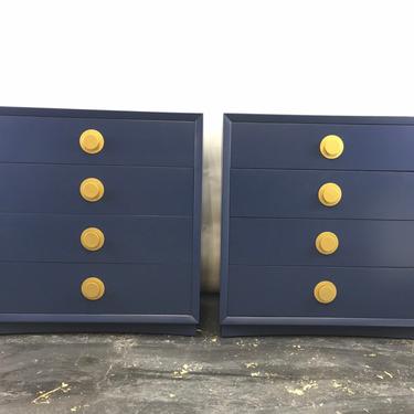 Pair of vintage four drawer chests lacquered in satin Benjamin Moore Navy 