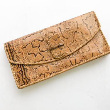1950s Snakeskin Leather Clutch | 50s Tan Snakeskin Envelope Clutch 