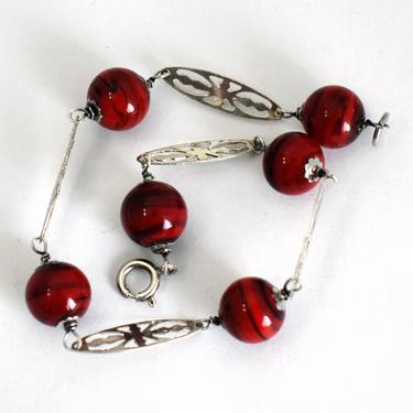 70's Art Nouveau style sterling links round beads bracelet, edgy black striped red glass pointed oval 925 silver gothic stacker 