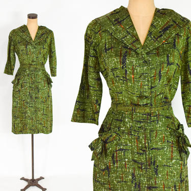 1950s Olive Green Silk Sheath Dress | 50s Green Watercolor Silk Dress | Allen Peck N.Y. | Medium 