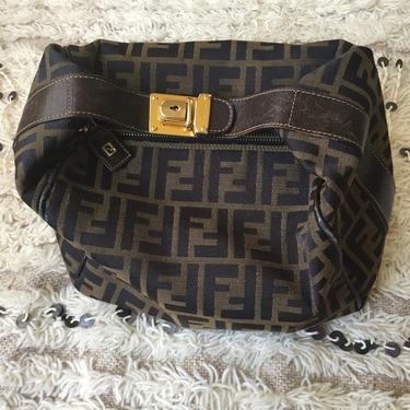 Vintage FENDI FF Zucca Pequin Stripe Print Leather Hand Bag Top Handle Leather Bucket Tote Purse 