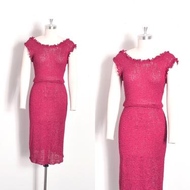 Vintage 1950s Dress / 50s Fringed Rayon Ribbon Dress / Magenta Pink ( XS S M ) 