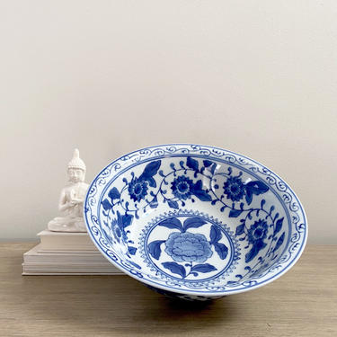 Vintage Chinoiserie Porcelain Bowl Blue White Chinese Decor 