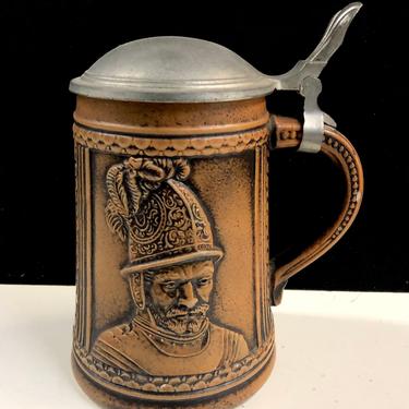 Gerz Soldier with Helmet Beer Stein with Pewter Lid West German Pottery 