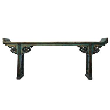 Oriental Distressed Long Teal Blue Scroll Apron Altar Console Table cs5351E 