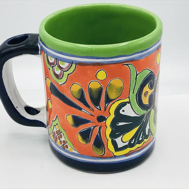 Vintage Talavera mug- Handcrafted Lead Free- Folk art Orange Blue Green and Yellow- Bright Colored- Chip Free 