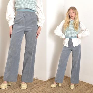 Vintage 1970s Pants / 70s Ultrasuede Wide Leg Trousers / Gray Blue ( S M ) 