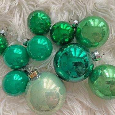 Vintage Set of 10 Green Glass Ornaments // Green Christmas Tree Bulbs // Green Holiday Ornament // Vintage Christmas Decor - GN 