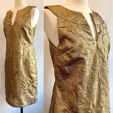 Vintage 80s Gold METALLIC CRINKLE COCKTAIL Dress / Textured Avant Garde Wrinkle Fabric 