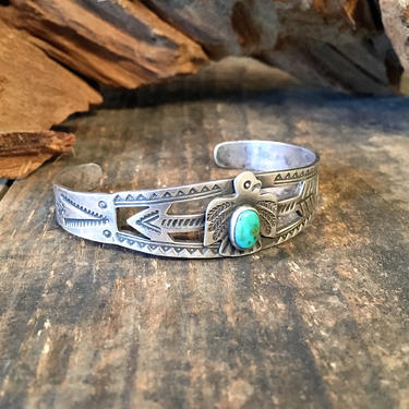 FRED HARVEY ERA Vintage 40s Cuff | 1940s Native American Navajo Style Silver &amp; Turquoise Arrow Thunderbird Bracelet | Southwest Jewelry 