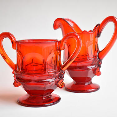 Fostoria Red Sugar + Creamer Set | Argus Pattern from 1960's | Bright Small Glass Ru