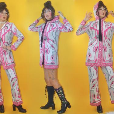 Vintage 1960s Mr. Dino Groovy Swirly Floral Hooded Tunic High Rise Flare Pants Set/Waist 27&quot;/60s 70s 1970s MOD GOGO Hippie Folk Psychedelic 