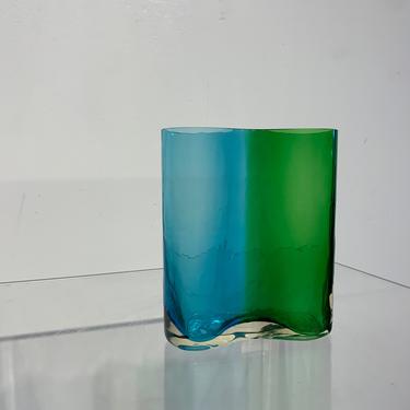 Mid Century Modern Southern Living Wave Art Glass Vase in Blue Green 