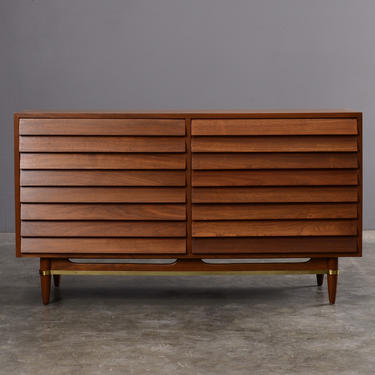 4.5ft Mid Century Modern Walnut Double Dresser with Brass Accents 