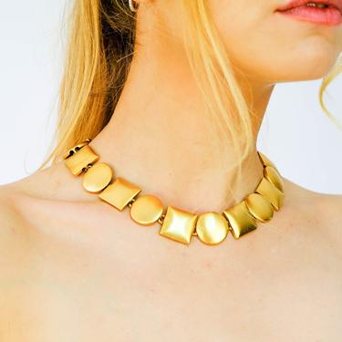 Vintage 80s Anne Klein Signed Gold Geometric Shapes Choker Necklace | Statement Piece, Chunky Layering Necklace | 1980s Designer Jewelry 