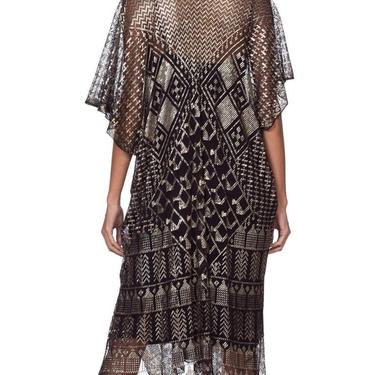 MORPHEW COLLECTION Silver &amp; Black Cotton Net 1920S Egyptian Assuit Kaftan Dress 