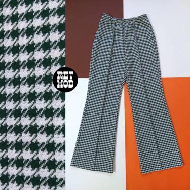 Vintage 70s Dark Green Houndstooth Plaid Poly Pants 