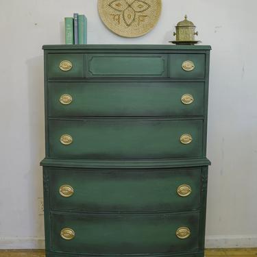 Green Antique Dresser, Forest Green Chest, Hunter Green Vintage Dresser, Federal Dresser, Highboy Dresser, Green and Gold, Free NYC Delivery 
