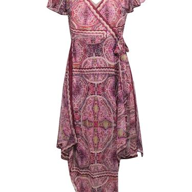 BCBG Max Azria - Purple Boho Printed Wrap Dress w/ Ruffles Sz S