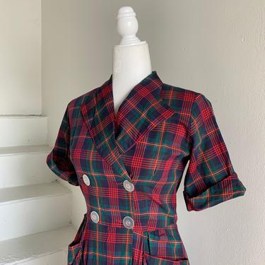 Sweet Plaid 1940s Double Breasted Dress by Pinebrook 34 Bust 