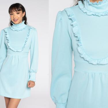 Babydoll Mini Dress Mod RUFFLE Bib Dress 70s Empire Waist Baby Blue 60s Mod Dolly Boho Long Puff Sleeve 1970s Vintage Victorian Medium 