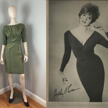 Draping Over Herself - Vintage 1950s 1960s Soft Olive Green Draped Bodice Wiggle Dress - 2 