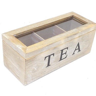 Tea Box Distressed White Washed Shabby Chic Petite 3 Compartment Apartment Size Home Decor With Glass Hinged Lid 