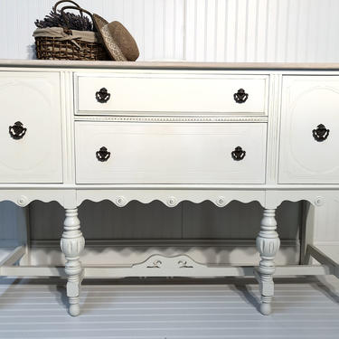 Shabby chic country style refinished Jacobean buffet / sideboard / TV stand / credenza White 