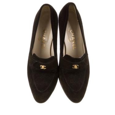 Vintage CHANEL CC TURNLOCK Logo Brown Suede Leather Loafers Heels 39 / 8 - 8.5 