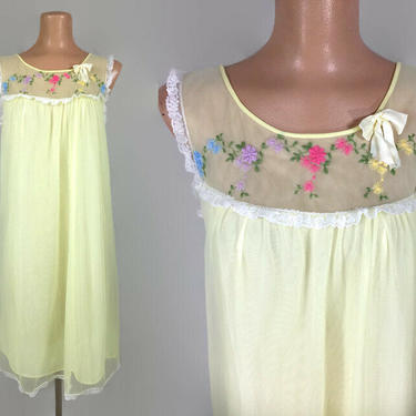 VINTAGE 60s Rainbow Embroidered Yellow Nylon Chiffon Babydoll Nightgown |  1960s Shortie Nighty | 60s Lingerie | By Aritacraft Size Small 